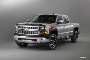 The Chevrolet Silverado Toughnology concept was revealed Sept. 25 at the State Fair of Texas, and is bound for SEMA in early November. Reinforcing Silverado’s built-in strength, its unique paint mimics the look of raw steel and is accented with steel molecule graphics. Complementing features include black and chrome appointments, along with Chevrolet Accessory 22-inch wheels mounted on off-road tires.