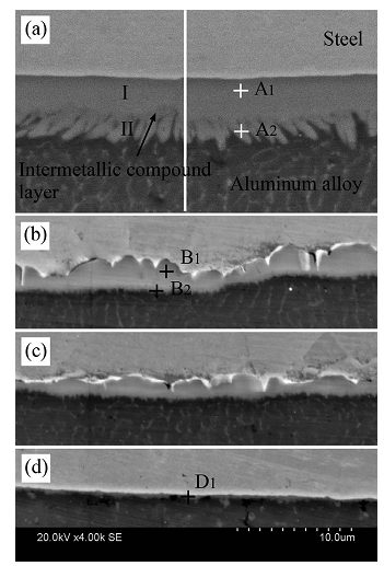 SEM images of Al/Steel interface regions in previous figure. (a)-(d) corresponds to region A-D respectively.