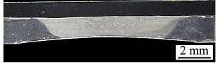 Cross-sectional macrostructure of resistance spot weld Al/steel joint with an electrode spherical diameter of 100 mm on Al alloy side.