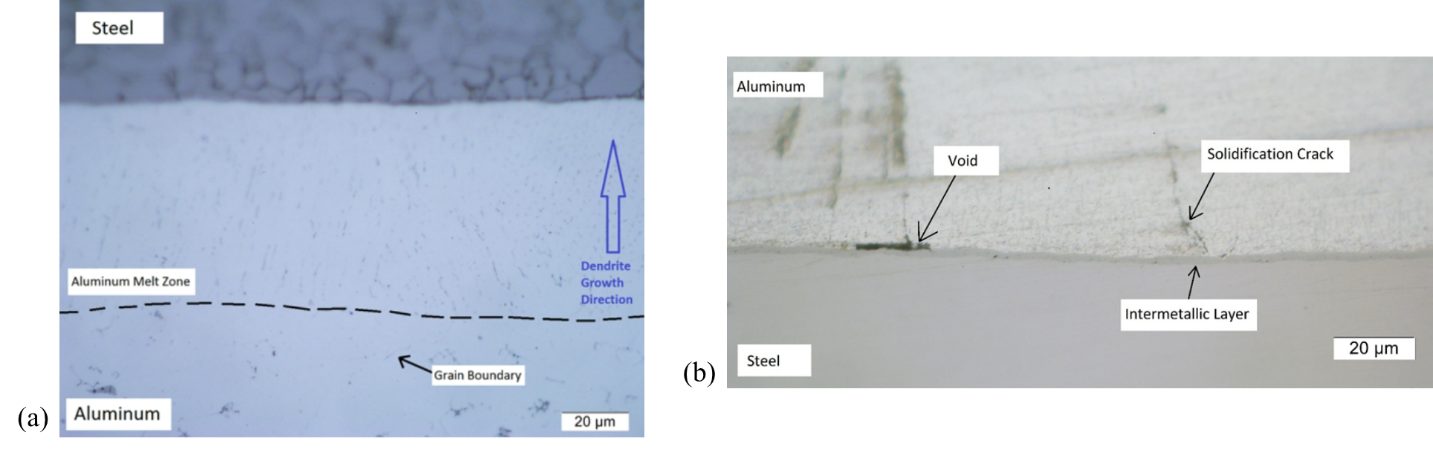 Figure 2: Effect of the ramp up time on the intermetallic layer thickness (a) 2.5ms & (b) 1.3ms.