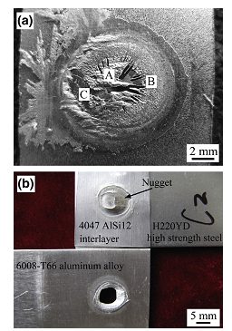 Fracture modes of H220YD high strength steel/6008-T66 resistance spot weld joints (a) interfacial fracture without interlayer and (b) pull-out failure with 4047 AlSi12 interlayer thickness of 300 µm.
