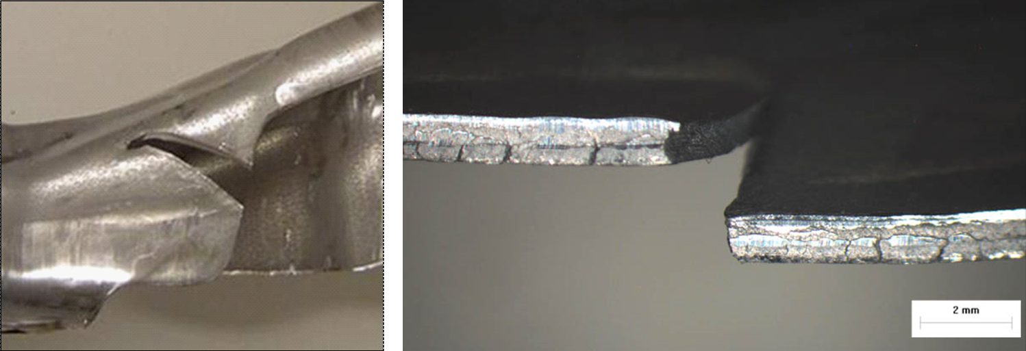 Figure 3: A typical local formability edge fracture viewed from different angles, with no appreciable thinning prior to fracture.U-6