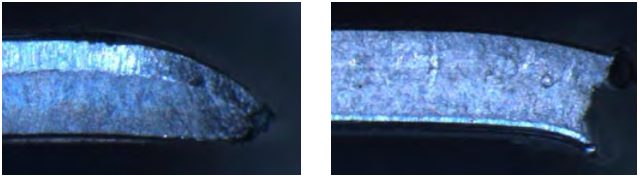Figure 5: Left: HSLA 50SK, showing thinning at the fracture location, which is typical for global formability failures Right: DP 500Y/780T, showing no thinning at the fracture location, which is typical for local formability failures.S-11