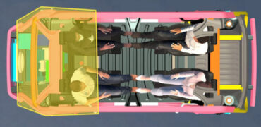 Rendering of Steel E-Motive vehicle interior with passengers seated across from and facing each other