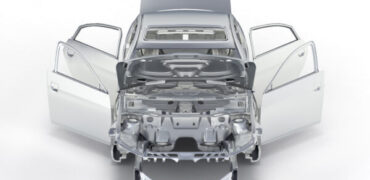 Basic body car with no wheel on white background, rendered in 3D