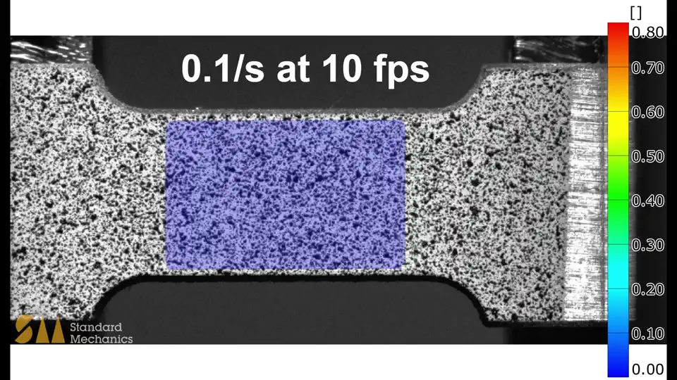 Figure 5. Two examples of 2D digital image correlation (DIC) showing the true equivalent strain fields during tensile tests performed at 0.1 strain per second and 1000 strain per second.