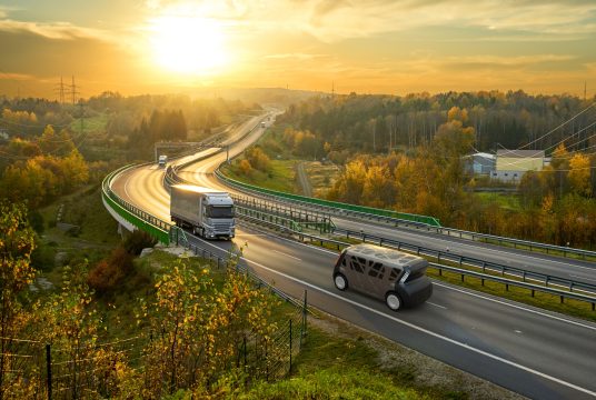 Steel E-Motive vehicle on the freeway