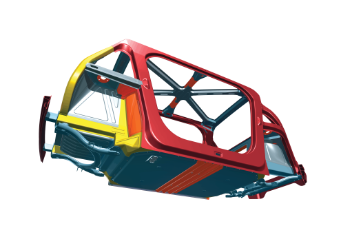 Image of a Steel E-Motive Body structure, taken from below