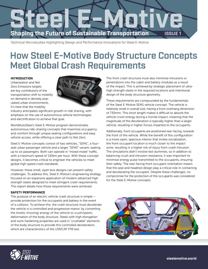 Cover page for Steel E-Motive Microstudy Issue 1 focused on meeting global crash requirements