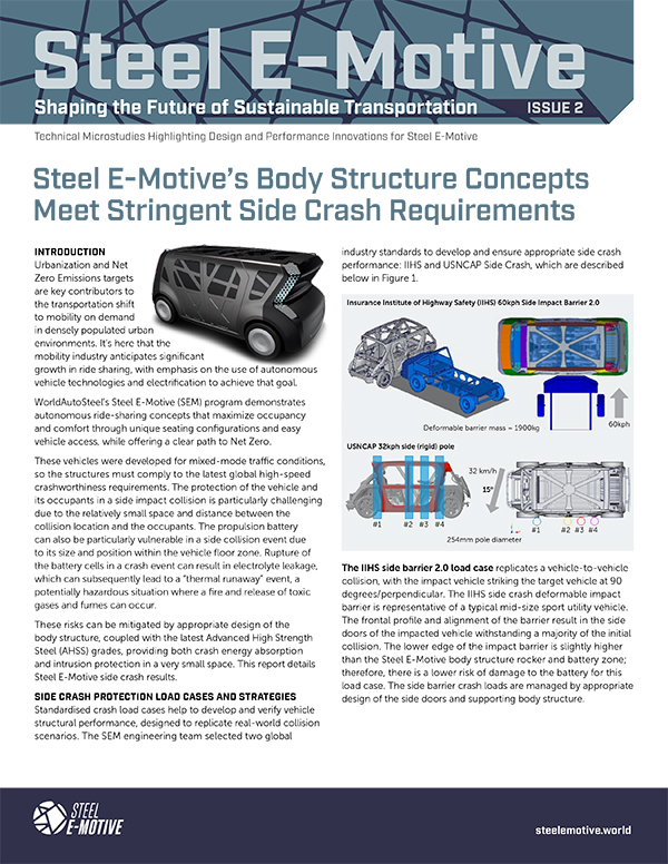 Cover page of Steel E-Motive Microstudy Issue 2 focused on meeting side crash requirements